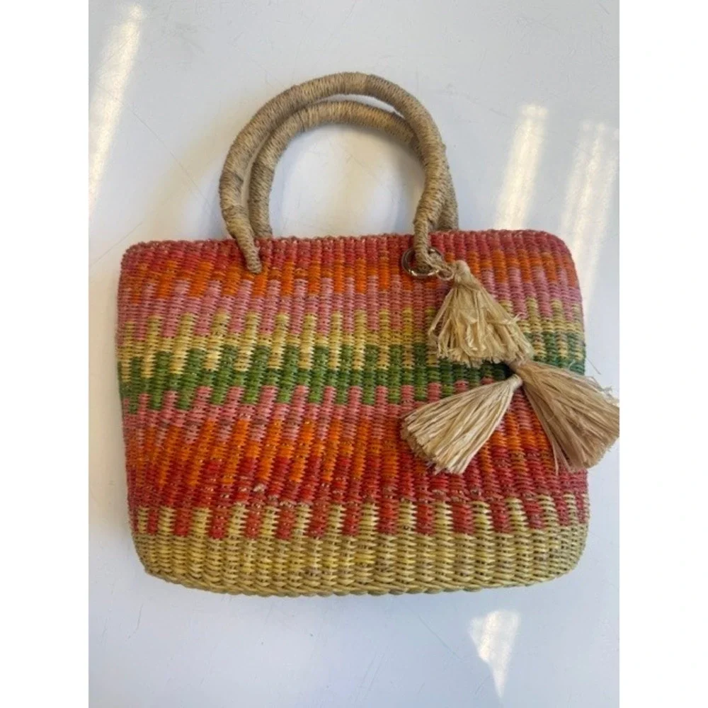 Vintage Bolga Basket Bag Multicolor Woven Tote Raffia Tassel Ghana 1970s Boho
